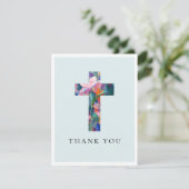 Modern Cross Floral Blue Baptism Photo Dankeskarte (Stehend Vorderseite)