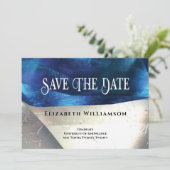Modern Crystal Gemstones Blauer weißer Abschluss Save The Date (Stehend Vorderseite)