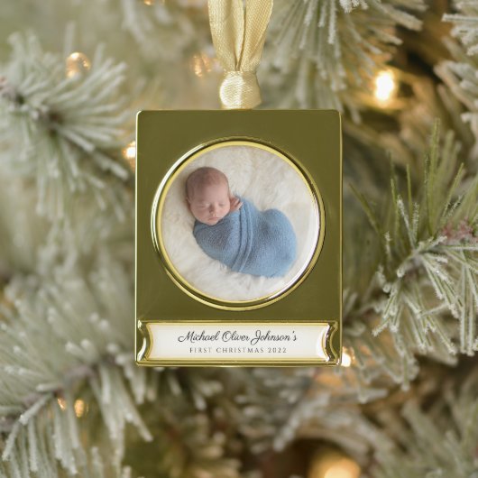 Modern Custom Baby First Christmas Foto Banner-Ornament Gold (Baum)