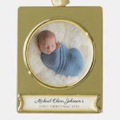 Modern Custom Baby First Christmas Foto Banner-Ornament Gold (Vorderseite)