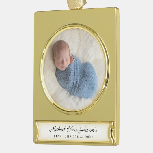 Modern Custom Baby First Christmas Foto Banner-Ornament Gold (Links)