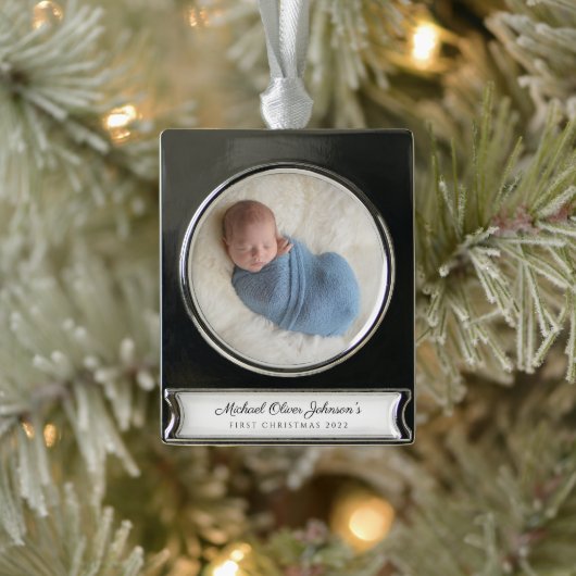 Modern Custom Baby First Christmas Foto Banner-Ornament Silber (Baum)
