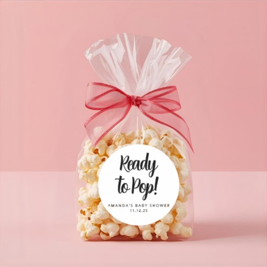 Modern Custom Baby Shower Black Text Popcorn  Runder Aufkleber