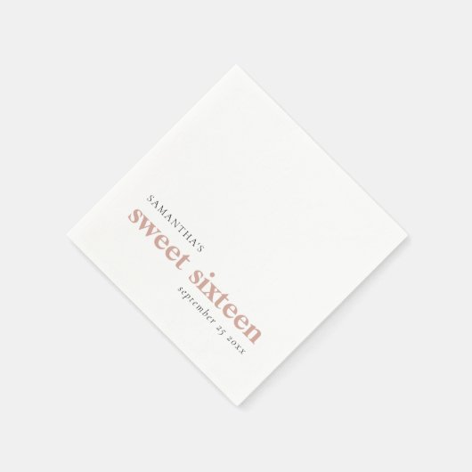 Modern Custom Blush Pink Sweet 16 Name Datum Serviette (Ecke)