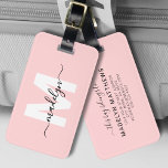 Modern Custom Girl Blush Pink Monogram Name Gepäckanhänger<br><div class="desc">Erstellen Sie Ihre eigene stilvolle moderne Custom World Traveller Girly Blush Pink Name Monogram Gepäckmarke. Dieses schicke und mädchenhafte Gepäckanhänger bringt eine lustige und lebendige Touch zu jedem Reiseerlebnis und ist damit das perfekte Accessoire für den Weltreisenden oder für jeden, der einen ernsthaften Fall von Wanderlust hat. Die Vorderseite ist...</div>
