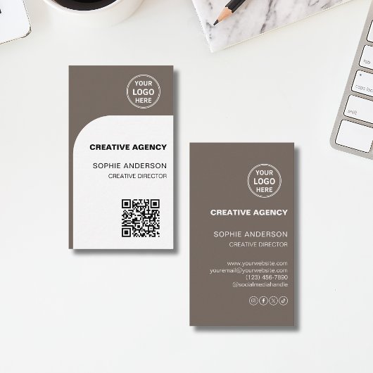 Modern Custom Logo QR Creative Agency Taupe Visitenkarte