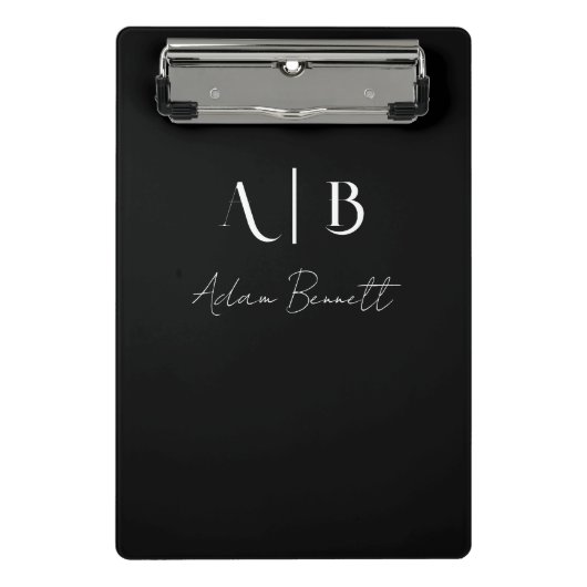 Modern Custom Monogram Initials Name Black Mini Klemmbrett (Vorderseite)