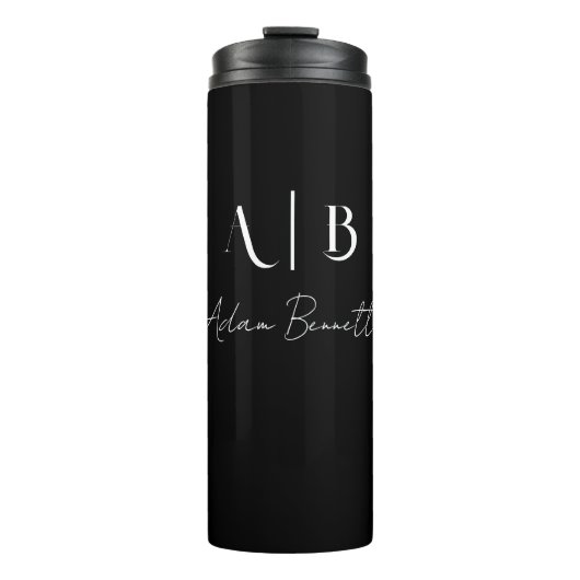 Modern Custom Monogram Initials Name Black Thermosbecher (Vorderseite)