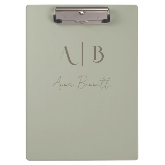 Modern Custom Monogram Initials Name Dusty Sage Klemmbrett (Vorderseite)
