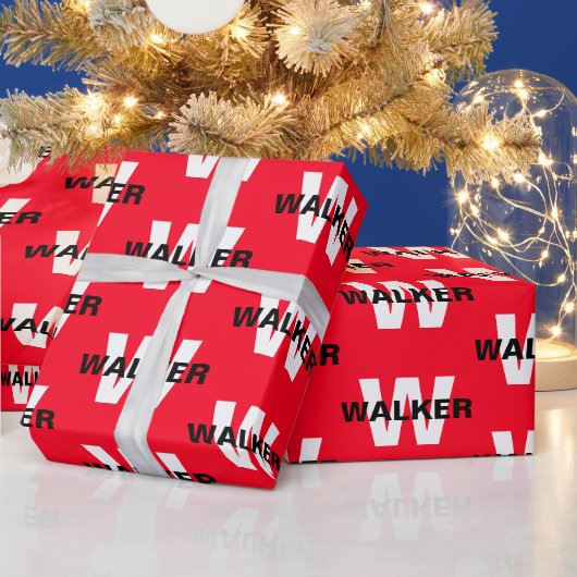 Modern Custom Monogram Name Bright Red Gift Geschenkpapier (Feiertage)
