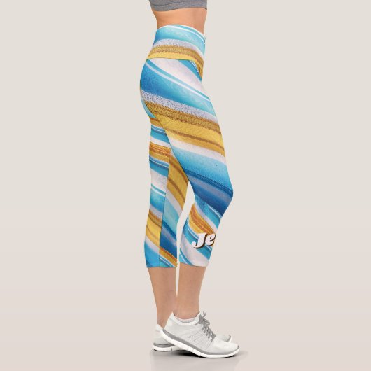 Modern Custom Name Fun Blue Soft Gelb Capri Leggings (Rechts)