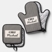 Modern Custom Personalized Chef Black Striped Ofenhandschuh & Topflappen-Set (Vorderseite/Rückseite)