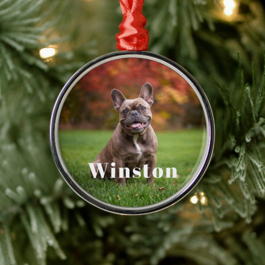 Modern Custom Pet Name Photo Holiday Ornament Aus Metall (Baum)