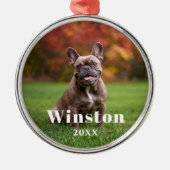 Modern Custom Pet Name Year Photo Holiday Ornament Aus Metall (Vorne)