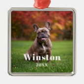 Modern Custom Pet Name Year Photo Holiday Ornament Aus Metall (Vorne)