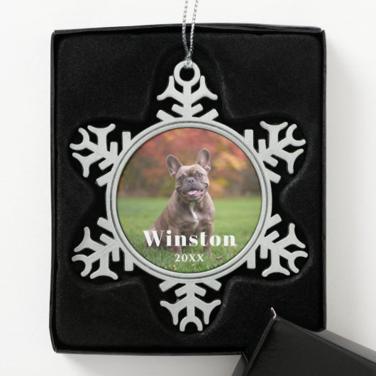 Modern Custom Pet Name Year Photo Holiday Schneeflocken Zinn-Ornament (Box)