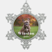 Modern Custom Pet Name Year Photo Holiday Schneeflocken Zinn-Ornament (Vorderseite)