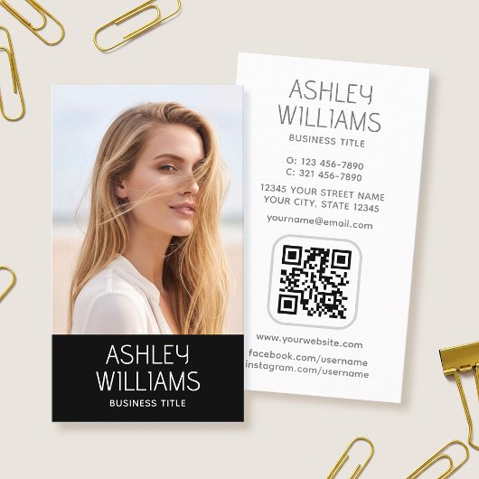 Modern Custom Photo Color QR Code Elegant Black Visitenkarte