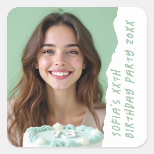 Modern Custom Pic Name Year Birthday Party Any Age Quadratischer Aufkleber (Vorderseite)
