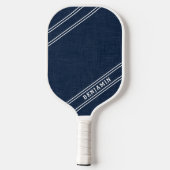Modern Custom Player Name White Stripes Dark Blue Pickleball Schläger (Rückseite)