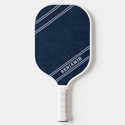 Modern Custom Player Name White Stripes Dark Blue Pickleball Schläger (Vorderseite)