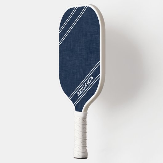Modern Custom Player Name White Stripes Dark Blue Pickleball Schläger (Links)
