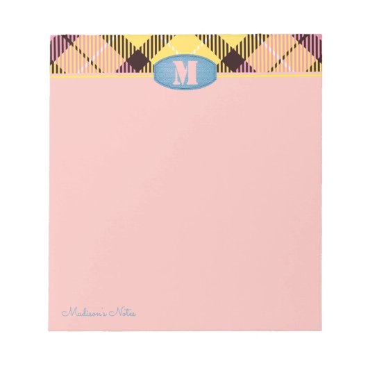 Modern Custom Script Monogram Tartan Jeans Pink Notizblock (Vorderseite)