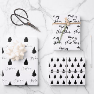 Modern Custom White Black Tree Frohe Weihnachten Geschenkpapier Set