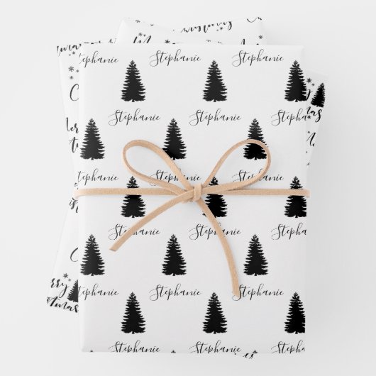 Modern Custom White Black Tree Frohe Weihnachten Geschenkpapier Set (Beispiel)
