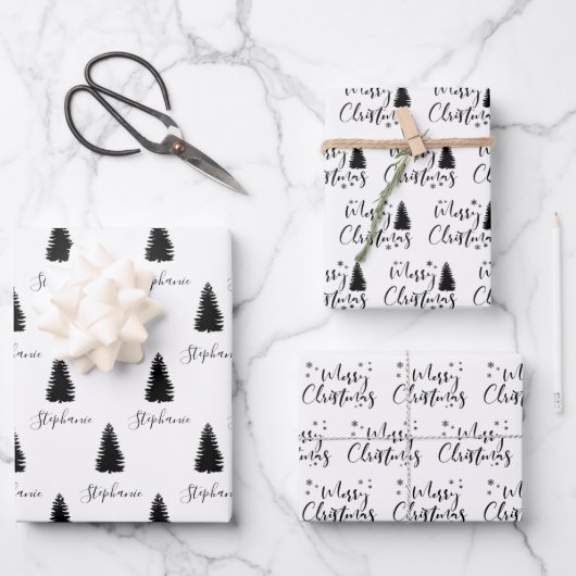 Modern Custom White Black Tree Frohe Weihnachten Geschenkpapier Set (Vorderseite)