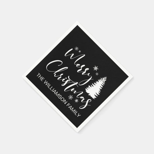 Modern Custom White Black Tree Frohe Weihnachten Serviette (Ecke)