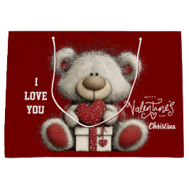 Modern Cute Bear Happy Valentines Day Name  Große Geschenktüte