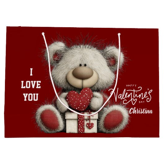 Modern Cute Bear Happy Valentines Day Name  Große Geschenktüte (Rückseite)