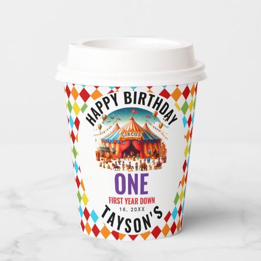 Modern Cute Circus Carnival 1st Birthday  Pappbecher (Rückseite)
