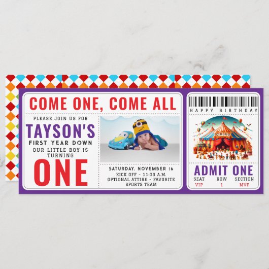 Modern Cute Circus Carnival 1st Birthday Ticket  Einladung (Vorne/Hinten)