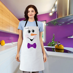 Modern Cute Custom Snowman Face Purple Bowtie Schürze