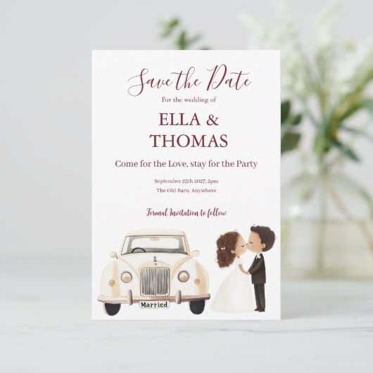 Modern Cute Deep Burgundy Text Save The Date (Stehend Vorderseite)
