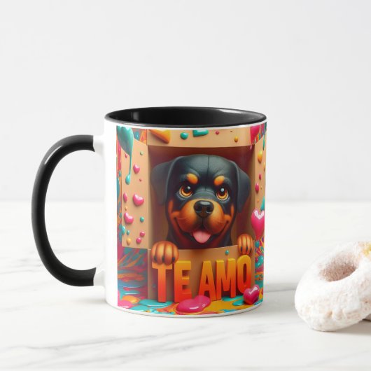Modern Cute Dog Te Amo Valentines Day  Tasse (Mit Donut)