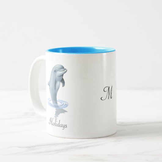 Modern Cute Dolphin, Script and Monogram Zweifarbige Tasse (Vorderseite Links)