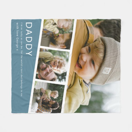 Modern Daddy Photo Strip Collage Blue Fleecedecke (Vorderseite (Horizontal))