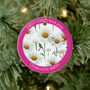 Modern Daisy Pink First Christmas Keramik Ornament
