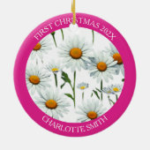 Modern Daisy Pink First Christmas Keramik Ornament (Hinten)