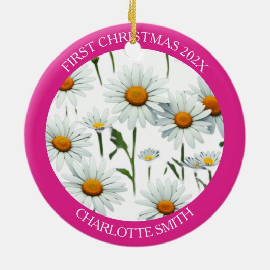 Modern Daisy Pink First Christmas Keramik Ornament (Hinten)