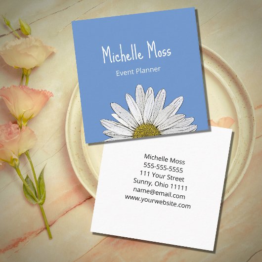 Modern Daisy Simple Botanical Simple Blue Quadratische Visitenkarte