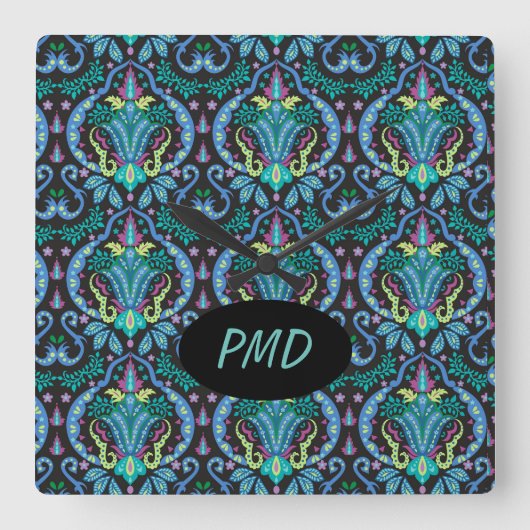 Modern Damask Art Deco Black Turquoise Blue Name Quadratische Wanduhr (Vorderseite)