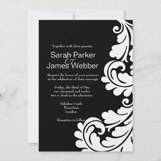 Modern Damask Black and White Wedding Einladung (Vorderseite)
