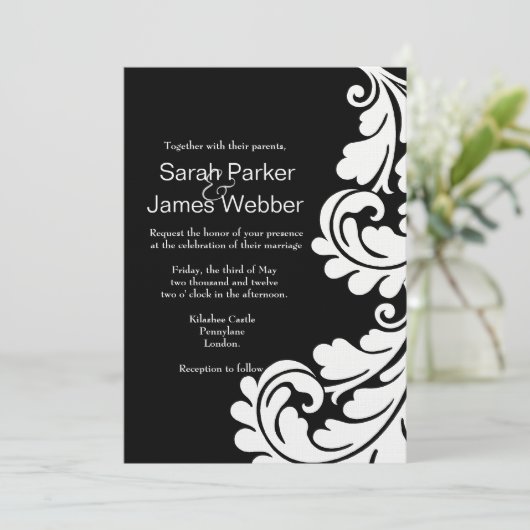Modern Damask Black and White Wedding Einladung (Stehend Vorderseite)