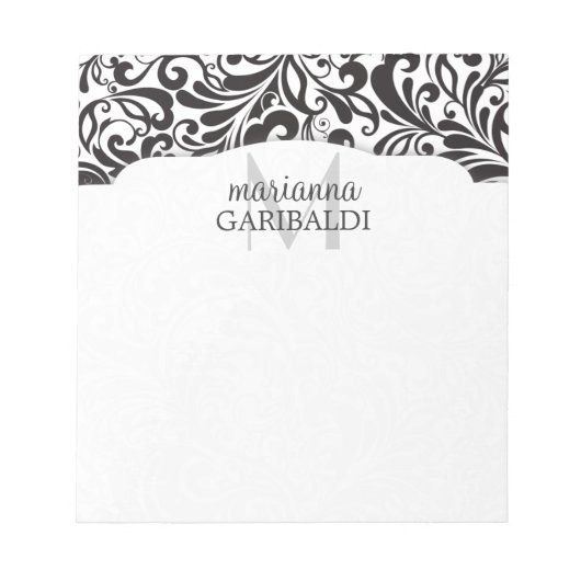 Modern Damask Black Personalisiert Notizblock (Vorderseite)