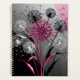 Modern Dandelions Pink Black White Notebook Planer