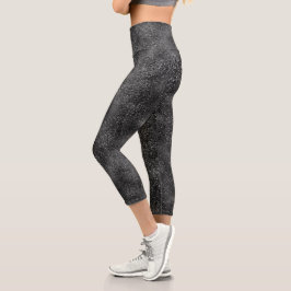Modern dark black glitter with white sparks capri leggings